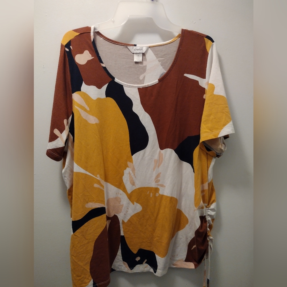 CJ Banks Short Sleeve Scoop Neck Tee in Mustard, Brown & Black